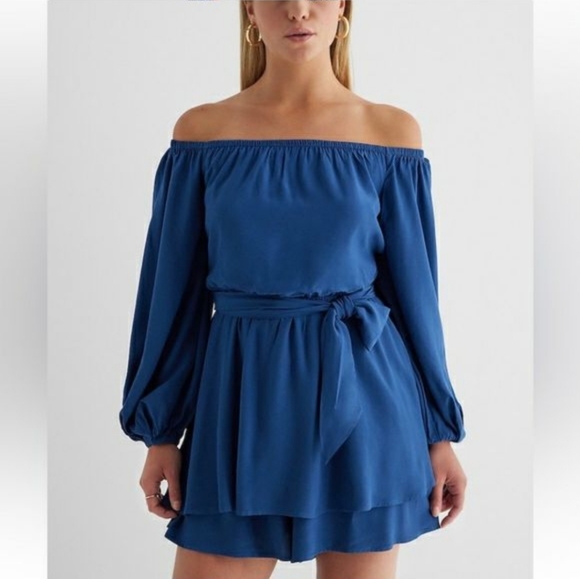 Express Long Sleeve Tie Waist Ruffle Romper Dress - Picture 2 of 4